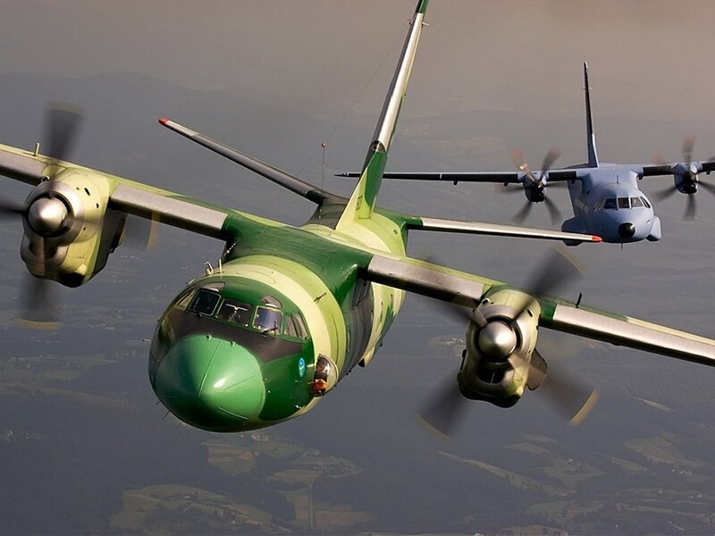 Military transport planes in flight
