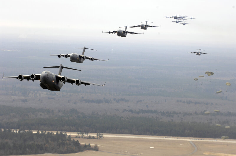 Military transport planes in formation