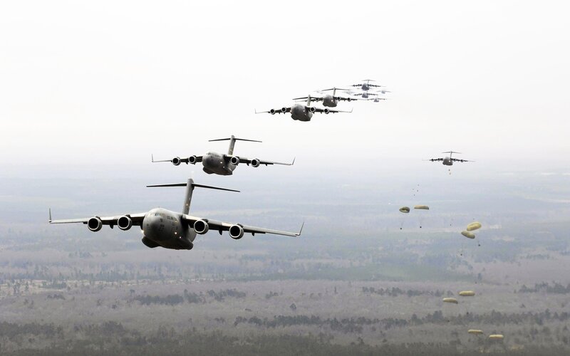 Military transport planes in formation
