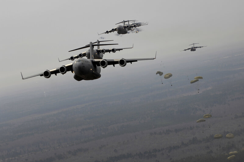 Military transport planes in formation