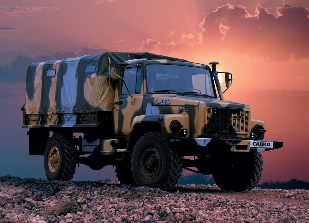 military truck at sunset