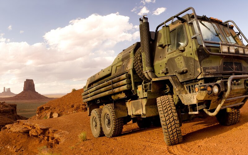 military truck in desert landscape