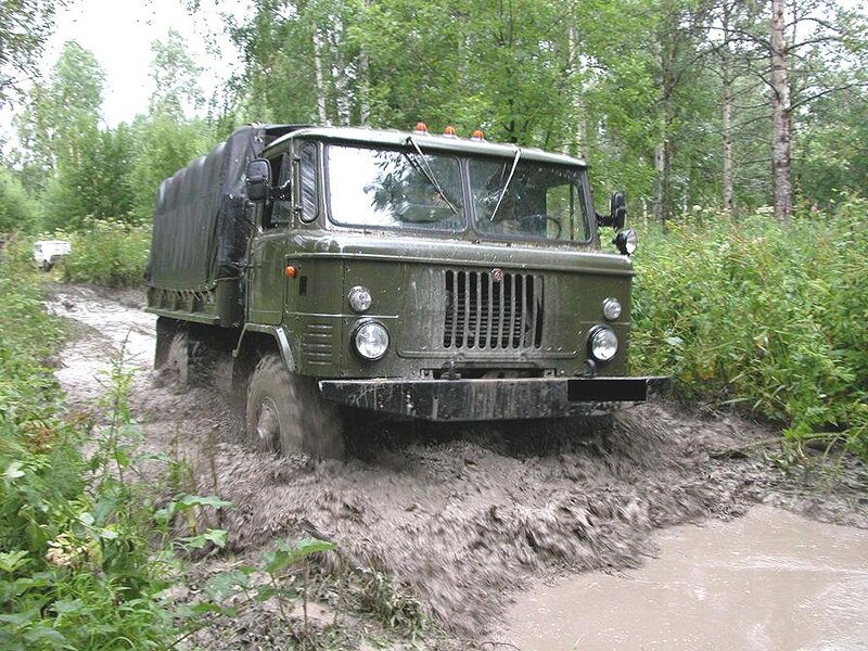 Military truck in muddy forest