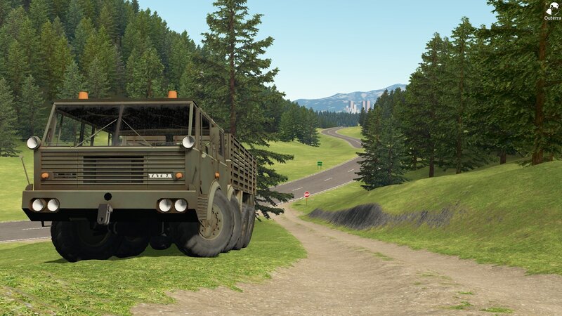 military truck on forest road