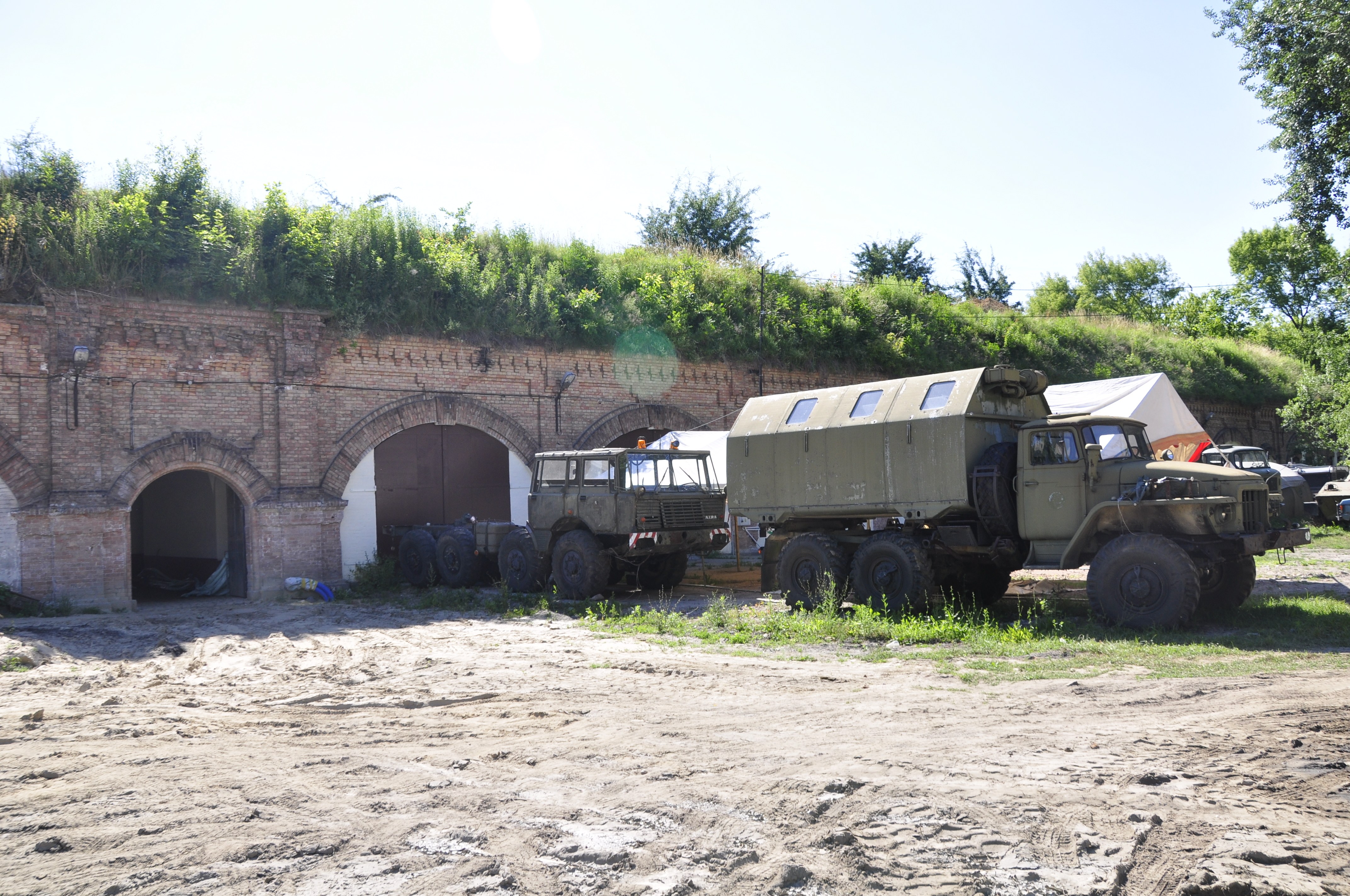 Military trucks at a fort