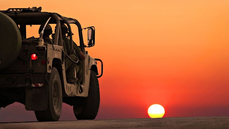 Military Vehicle at Sunset — Orange, Dramatic