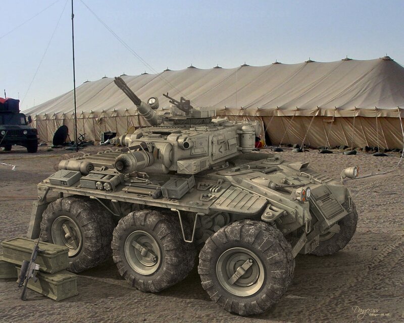 Military vehicle in desert camp