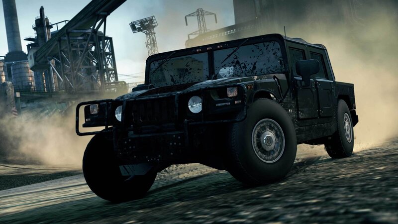 military vehicle in industrial zone