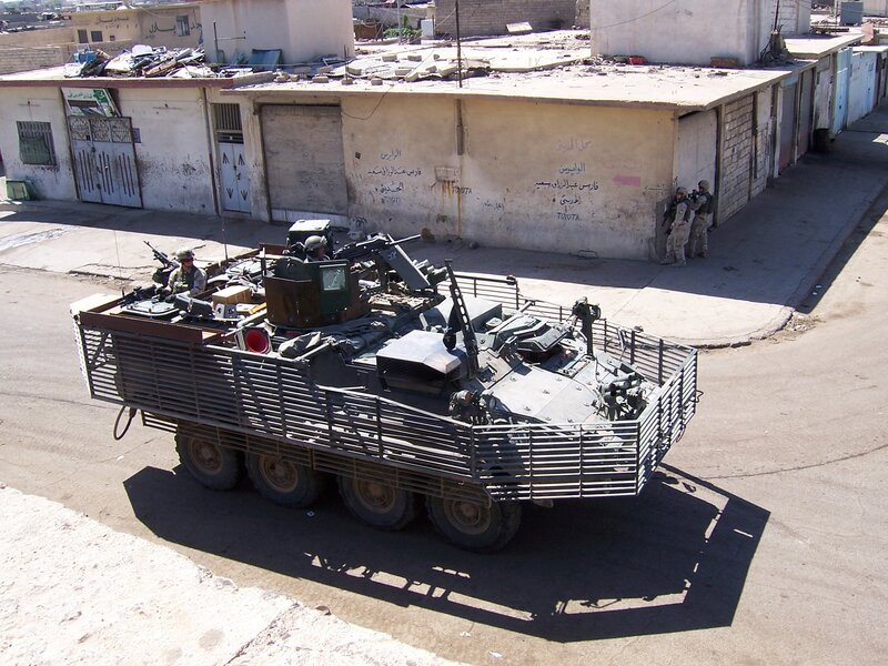 Military vehicle in urban area