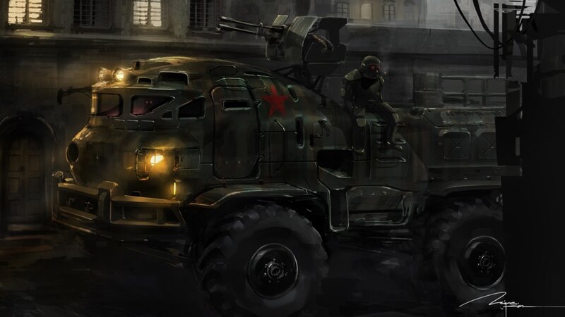 Military vehicle in urban setting