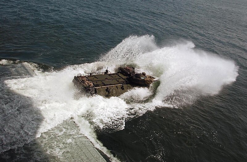 Military vehicle in water