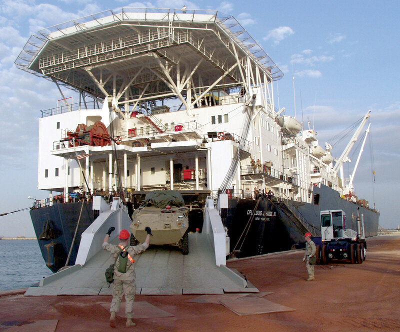 Military vehicle offloading from ship