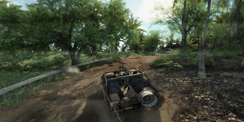 Military vehicle on jungle road