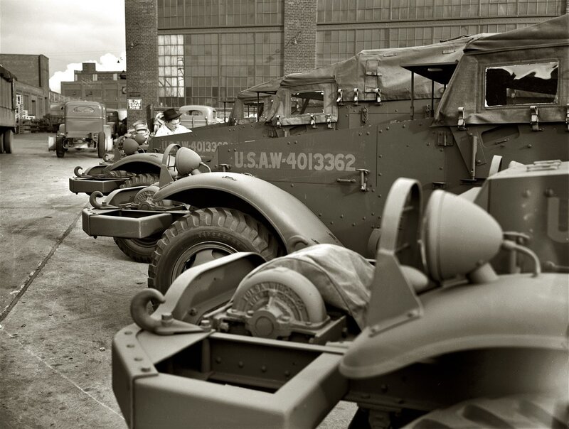 Military vehicles in a depot