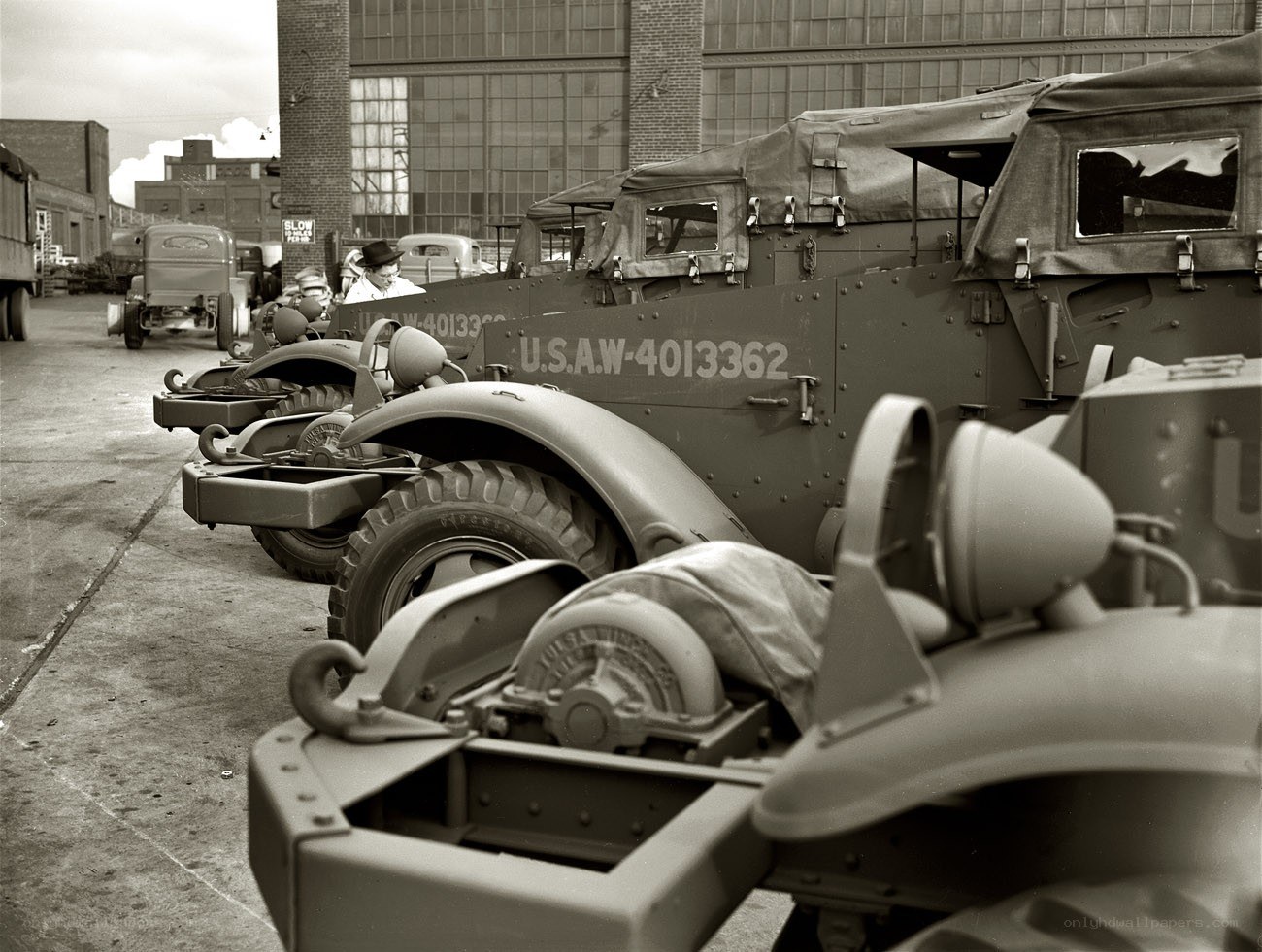 Military vehicles in a depot