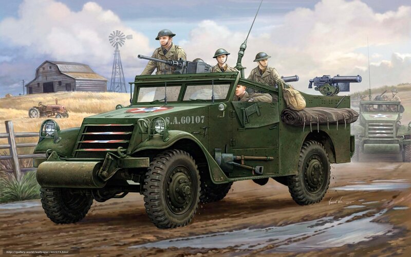 Military vehicles in rural landscape