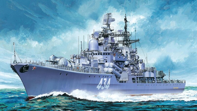Military Warship at Sea — Blue, Dramatic