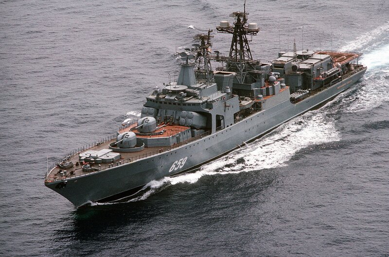 Military Warship at Sea — Gray, Dramatic, Photograph, Ocean, Radar Tower