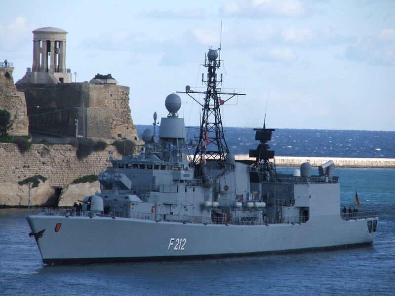 Military Warship in Harbor — Gray