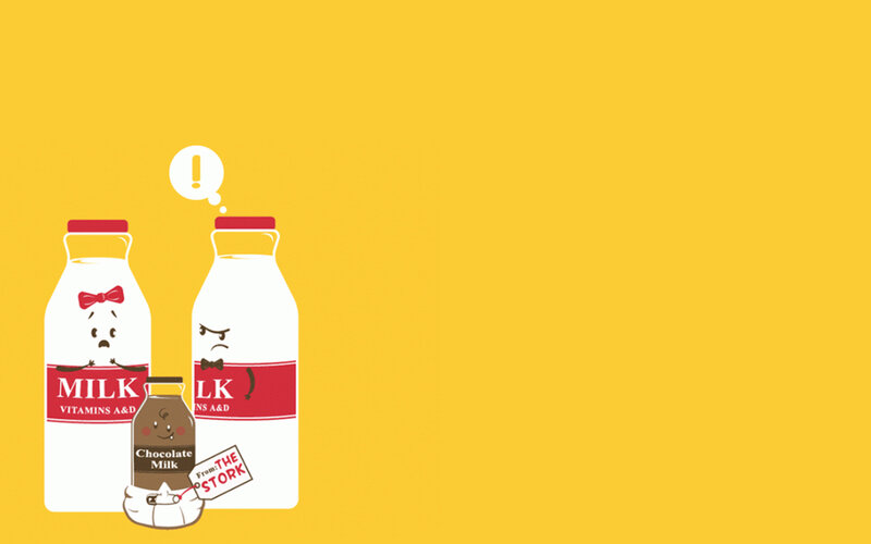 Milk Bottles with Faces — Yellow, Playful, Illustration, Chocolate Milk Bottle, Exclamation Mark