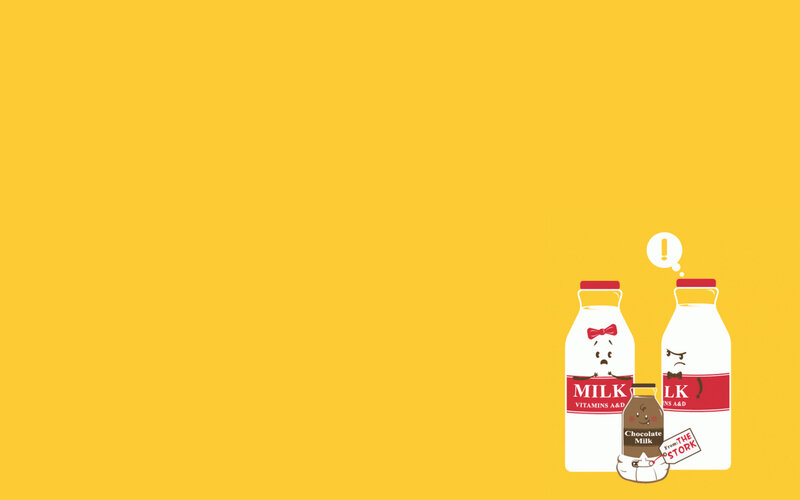 Milk Bottles with Faces — Yellow, Playful, Illustration, Chocolate Milk Bottle, Thought Bubble, Label