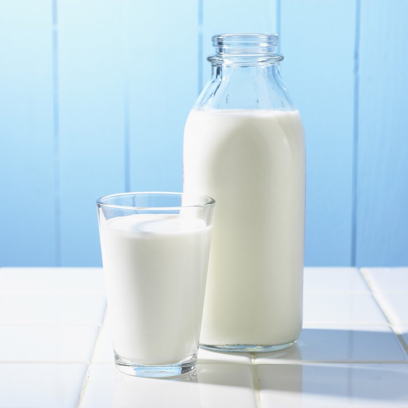 Milk in glass bottle and cup