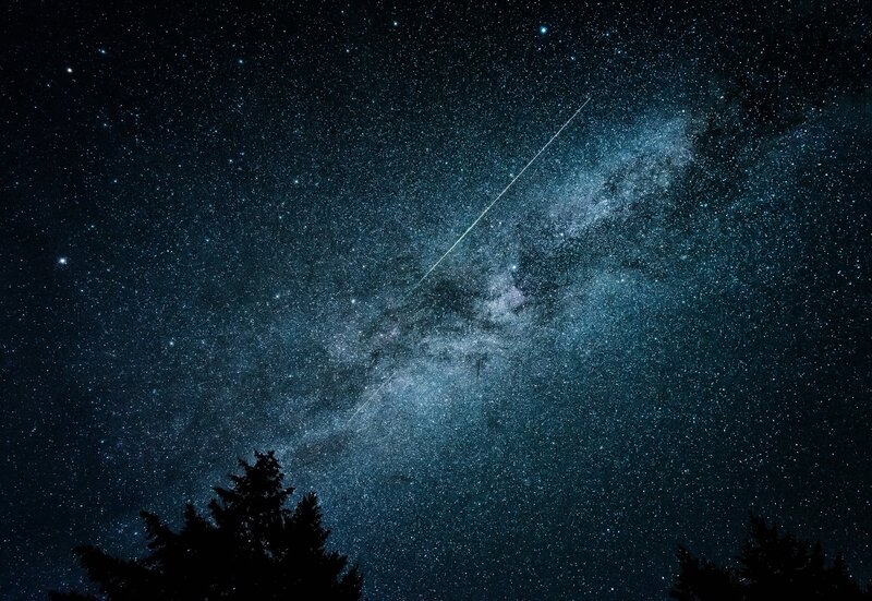 Milky Way Galaxy — Black, Serene, Night, Photograph, Stars, Meteor, Trees
