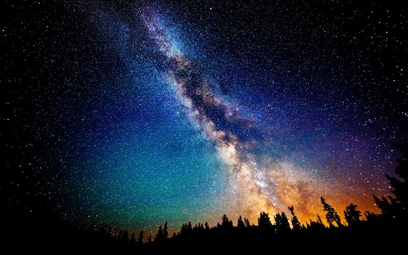 Milky Way Galaxy — Blue, Serene, Night, Photograph, Stars, Trees, Night Sky