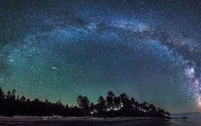 Milky Way over Forest — Blue, Serene, Night, Photograph, Stars, Trees, Beach