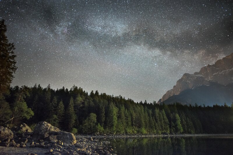 Milky Way over Lake — Black, Serene, Night, Photograph, Mountain