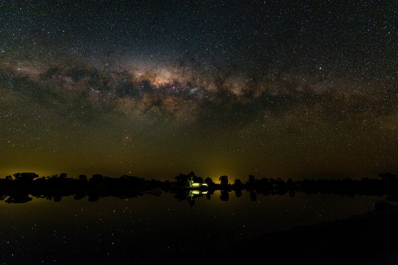 Milky Way over Lake — Black, Serene, Night, Photograph, Stars, Building