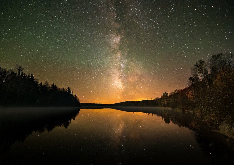 Milky Way over Lake — Black, Serene, Night, Photograph, Stars, Forest