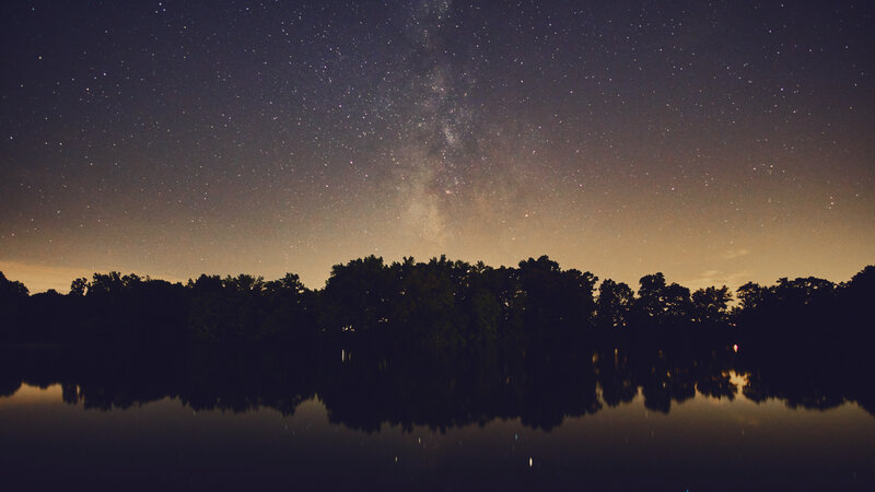 Milky Way over Lake — Black, Serene, Night, Photograph, Stars, Trees, Reflection