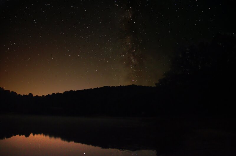 Milky Way over Lake — Black, Serene, Night, Photograph, Stars, Trees