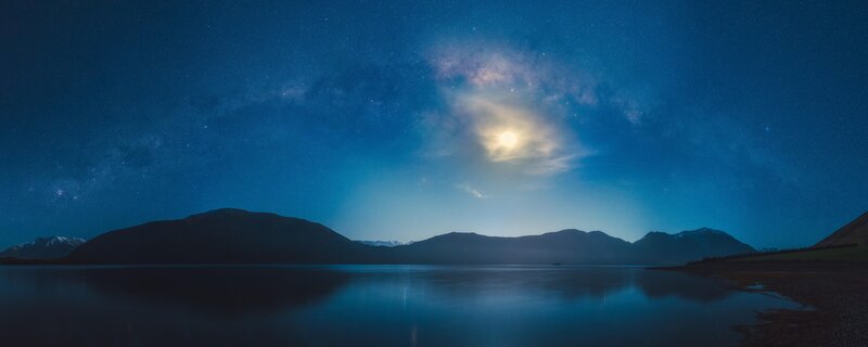 Milky Way over Lake — Blue, Serene, Night, Photograph, Mountains, Moon