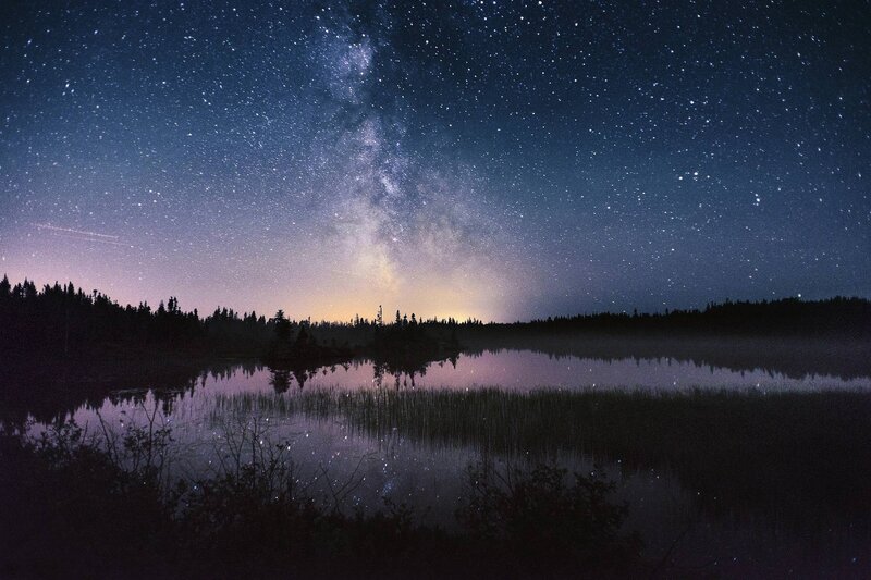 Milky Way over Lake — Blue, Serene, Night, Photograph, Stars, Forest