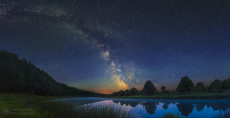 Milky Way over Lake — Blue, Serene, Night, Photograph, Stars