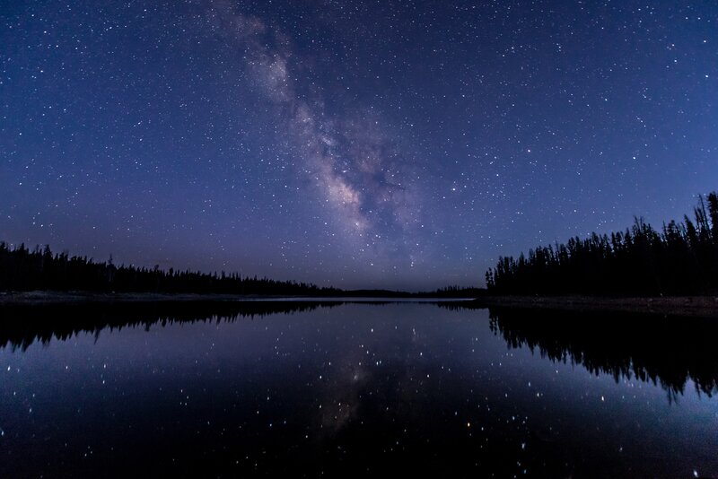 Milky Way over Lake — Blue, Serene, Night, Photograph, Stars, Trees, Reflection