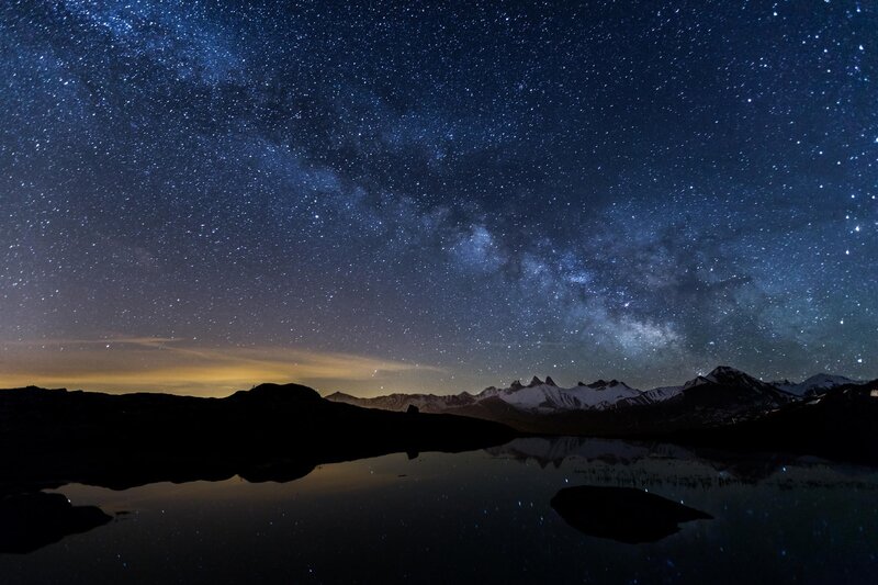 Milky Way over Mountain Lake — Blue, Serene, Night