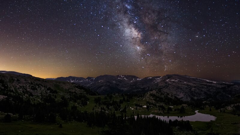 Milky Way over Mountains — Black, Serene, Night, Photograph, Lake