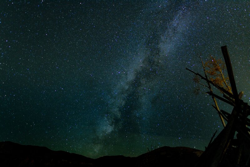 Milky Way over Mountains — Black, Serene, Night, Photograph, Stars, Tree