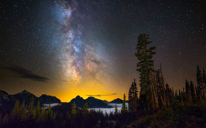 Milky Way over Mountains — Black, Serene, Night, Photograph, Stars, Trees