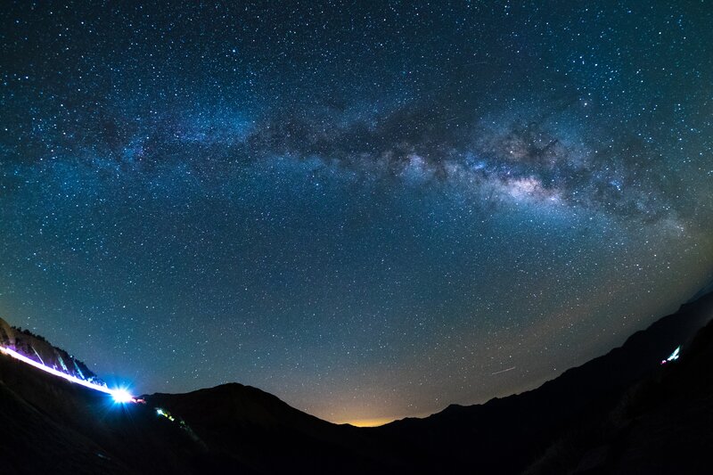 Milky Way over Mountains — Blue, Serene, Night, Photograph, Stars, Light Trails