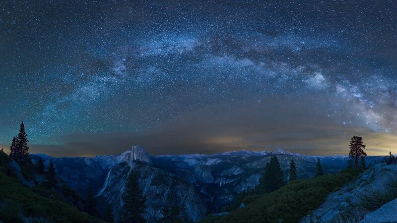 Milky Way over Mountains — Blue, Serene, Night, Photograph, Stars, Trees