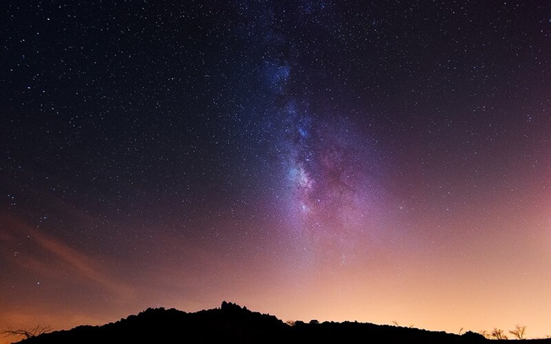 Milky Way over Mountains — Purple, Serene, Night, Photograph, Stars, Sky, Black