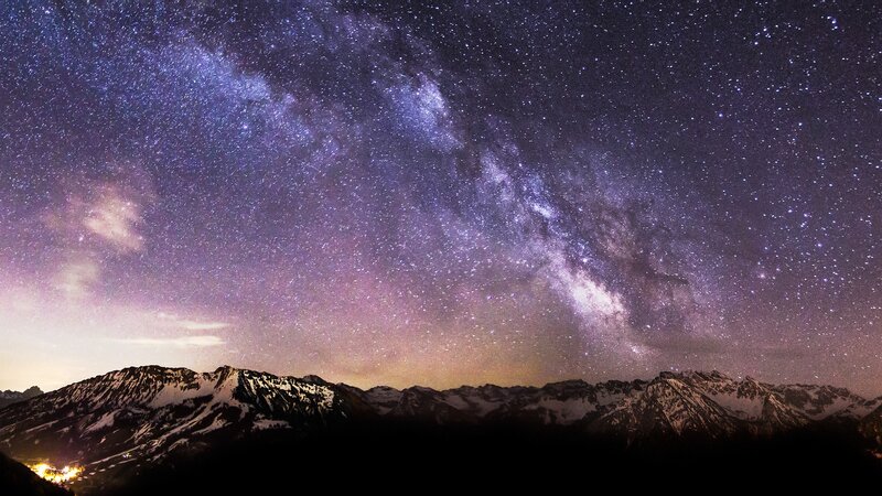 Milky Way over Mountains — Purple, Serene, Night, Photograph, Stars, Snow, Black, White