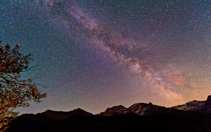 Milky Way over Mountains — Purple, Serene, Night, Photograph, Stars, Tree