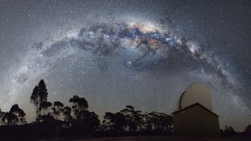 Milky Way over Observatory — Black, Serene, Night, Photograph, Trees