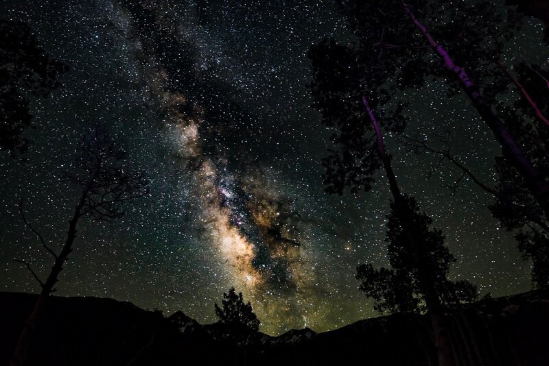 Milky Way over Trees — Black, Serene, Night, Photograph, Stars, Mountains