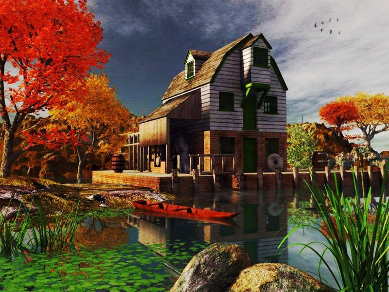 Mill by a Pond — Red